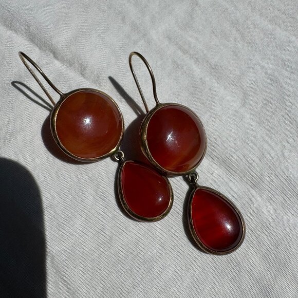Carnelian/Amber and Gold Glazed Double Drop Earrings Roman Victorian Style - Picture 9 of 13